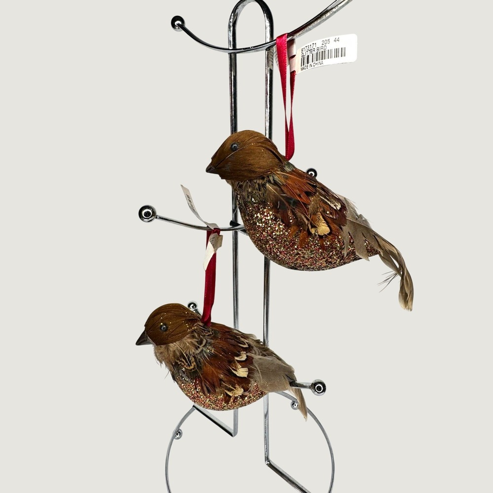 Pottery Barn Glittered Feather Bird Christmas Ornaments Brown Set of 2